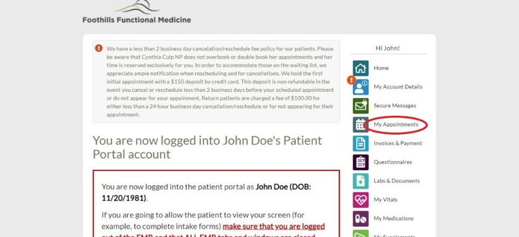 screenshot for patient portal